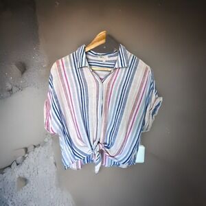 Thread &‎ Supply Large Linen Blend Striped Short Sleeve Cropped Button Up Resort